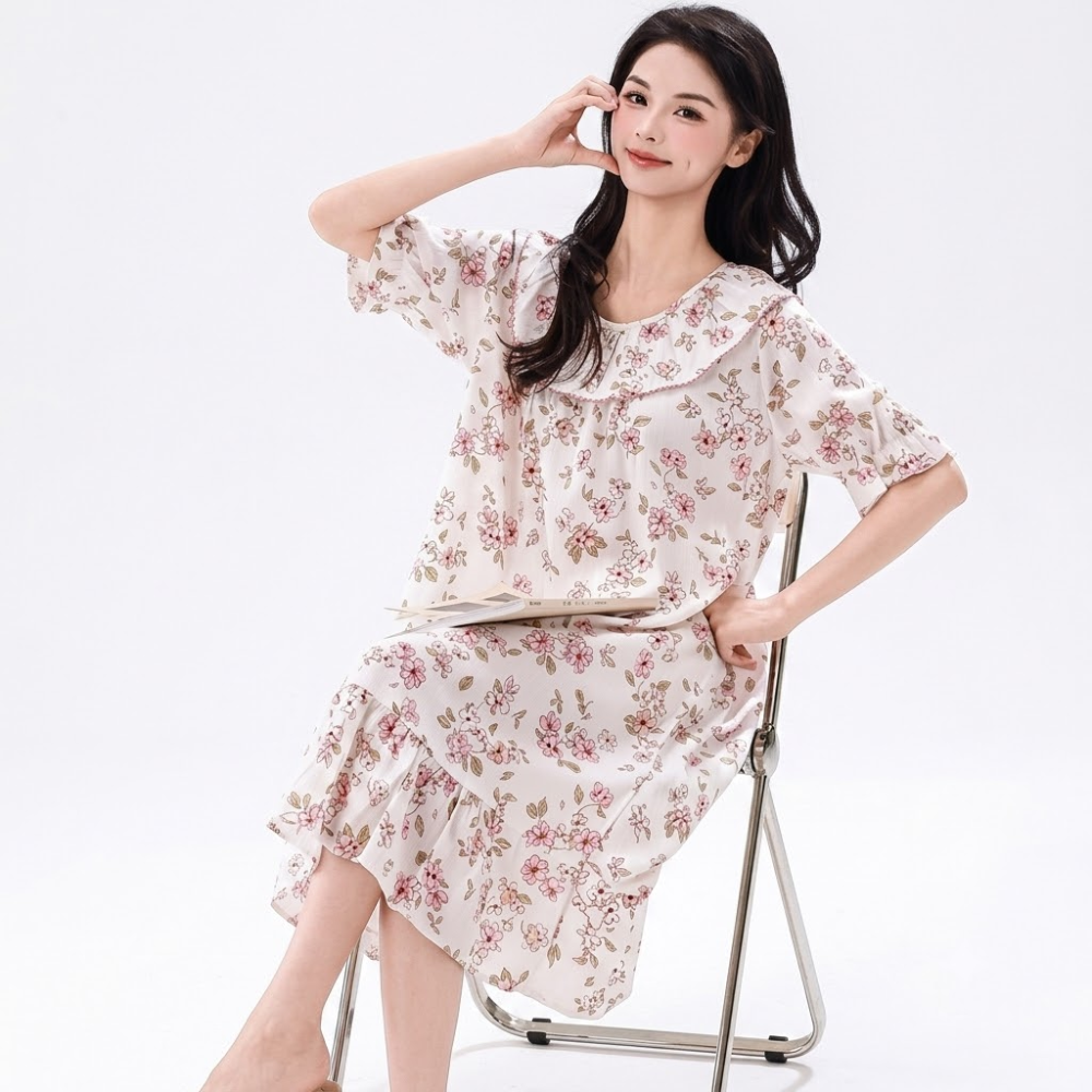 Cotton Silk Lyocell Women's Loose Dress | Round Neck | Plus Size | Ruffle Design | Home & Outdoor | Spring & Summer Wear | CLS260723A218