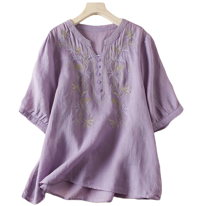 Artistic Loose V-Neck Embroidery T-Shirt (Summer New) Solid Color | Short Sleeve | Relaxed Fit | Everyday Comfort | Thailand Design | CDR260201961