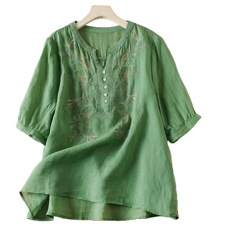 Artistic Loose V-Neck Embroidery T-Shirt (Summer New) Solid Color | Short Sleeve | Relaxed Fit | Everyday Comfort | Thailand Design | CDR260201961