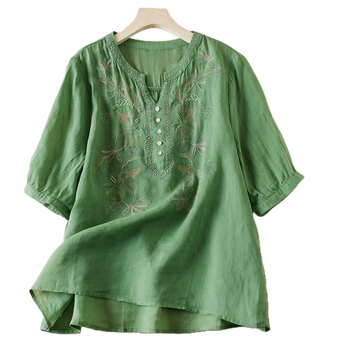 Artistic Loose V-Neck Embroidery T-Shirt (Summer New) Solid Color | Short Sleeve | Relaxed Fit | Everyday Comfort | Thailand Design | CDR260201961