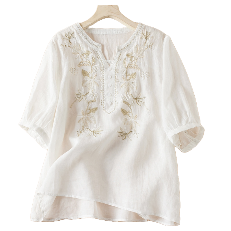 Artistic Loose V-Neck Embroidery T-Shirt (Summer New) Solid Color | Short Sleeve | Relaxed Fit | Everyday Comfort | Thailand Design | CDR260201961