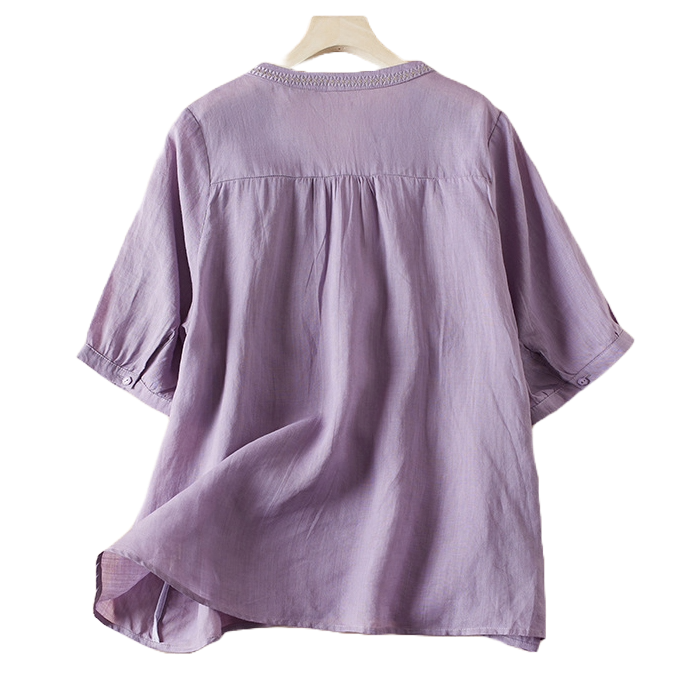 Artistic Loose V-Neck Embroidery T-Shirt (Summer New) Solid Color | Short Sleeve | Relaxed Fit | Everyday Comfort | Thailand Design | CDR260201961