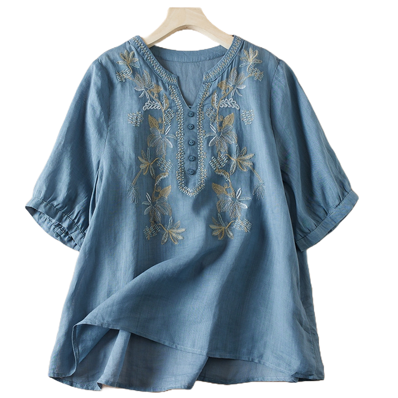 Artistic Loose V-Neck Embroidery T-Shirt (Summer New) Solid Color | Short Sleeve | Relaxed Fit | Everyday Comfort | Thailand Design | CDR260201961