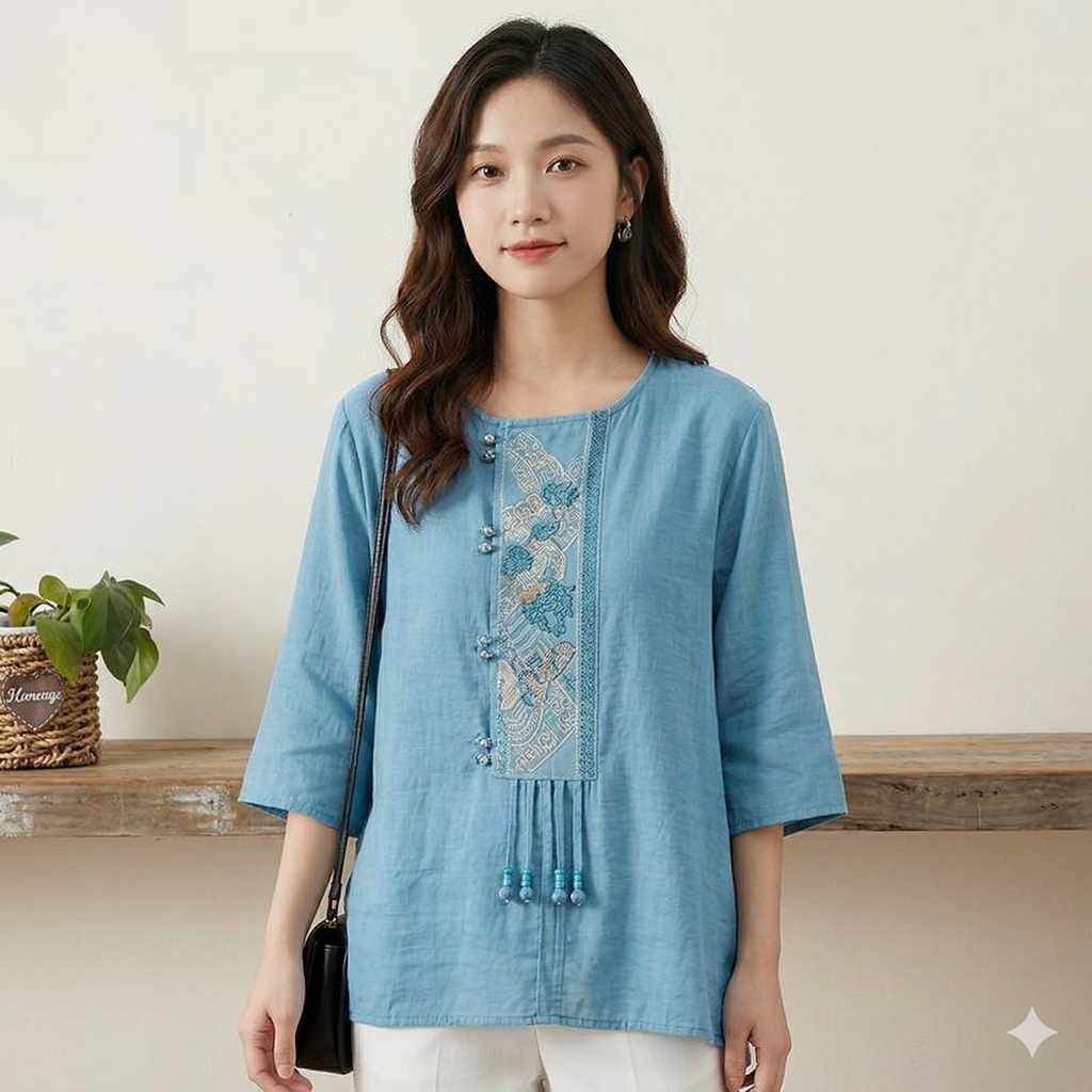 Ethnic Retro Ramie Embroidered Top (Tea Shirt Style) Round Neck | Short Sleeve | Lightweight Summer Elegance | CDR2603311024
