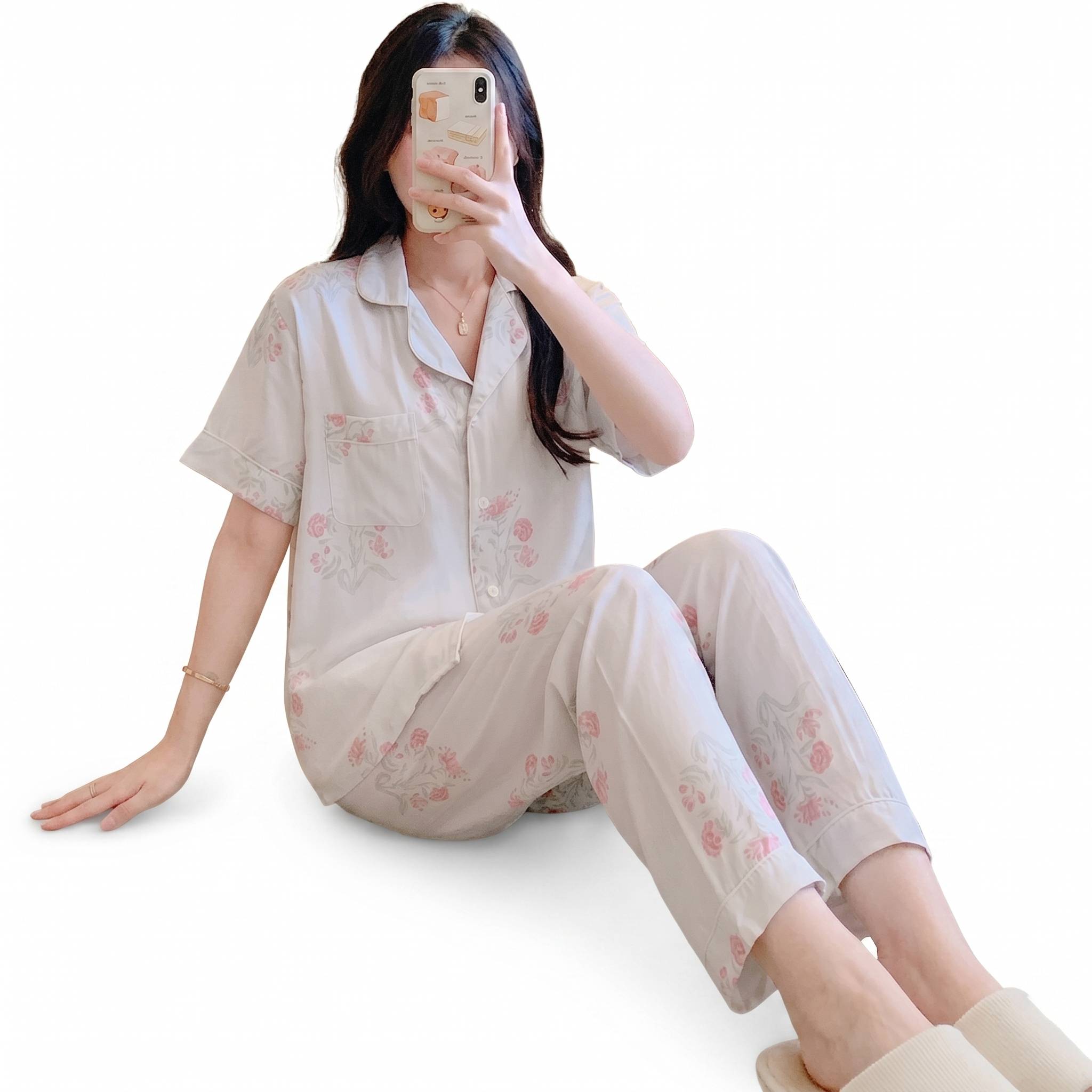 Cotton Silk Pajama Set with Cardigan (Summer Edition) Short Sleeve | Thin Trouser Suit | Soft Homewear Comfort | CLS260521A135