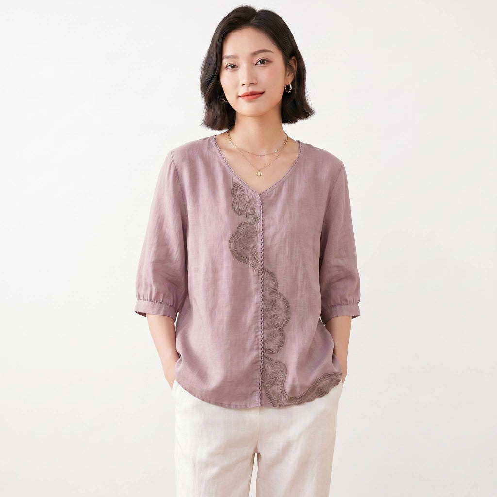 Summer Vintage Embroidered Cotton Top (V-Neck Edition) Loose Fit | Short Sleeve | Artistic Everyday Comfort | CDR260522A136