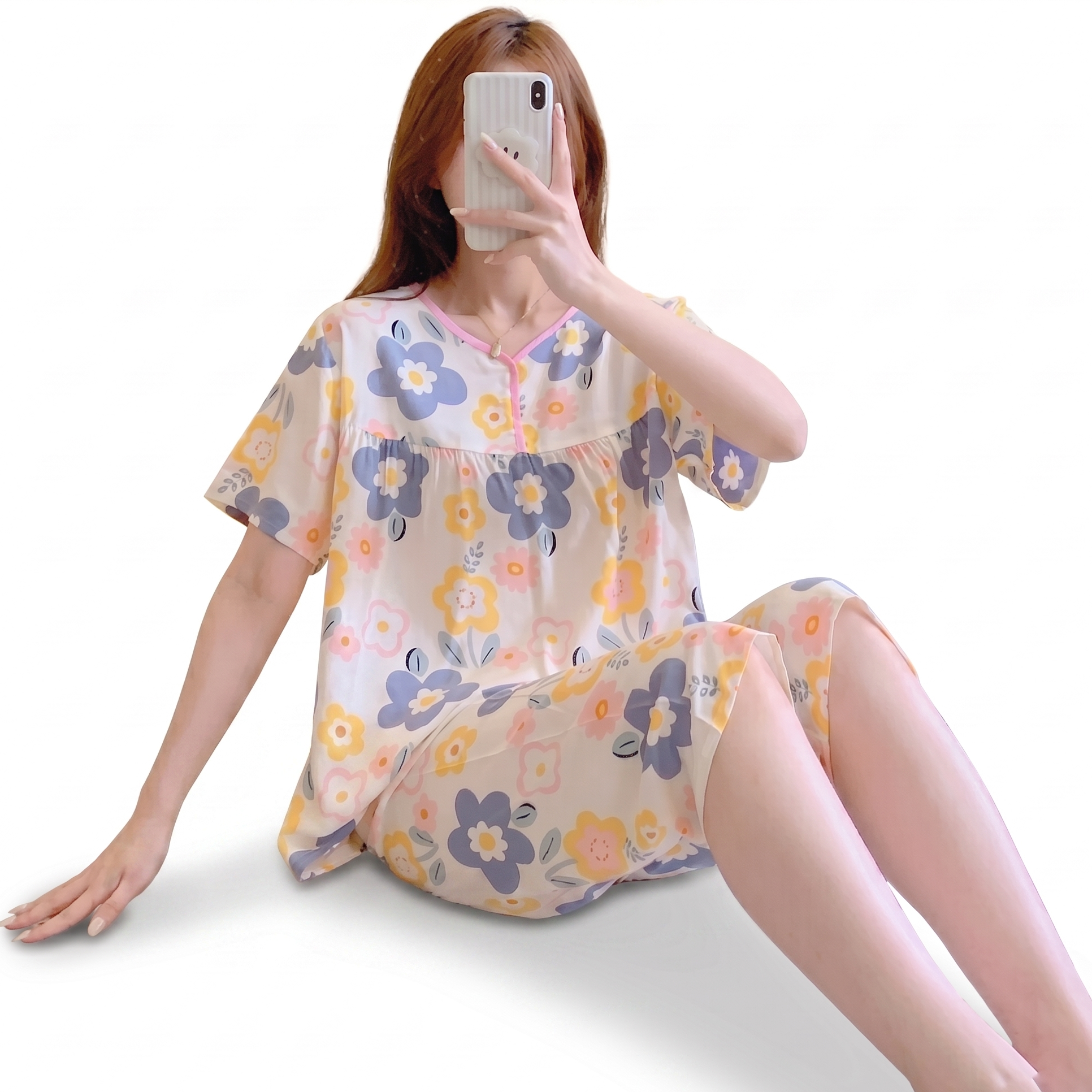 Cotton Silk Pajama Set (Summer Comfort) Short Sleeve | Sweet Elegant Style | Home + Outer Wear Comfort | CLS260518A126