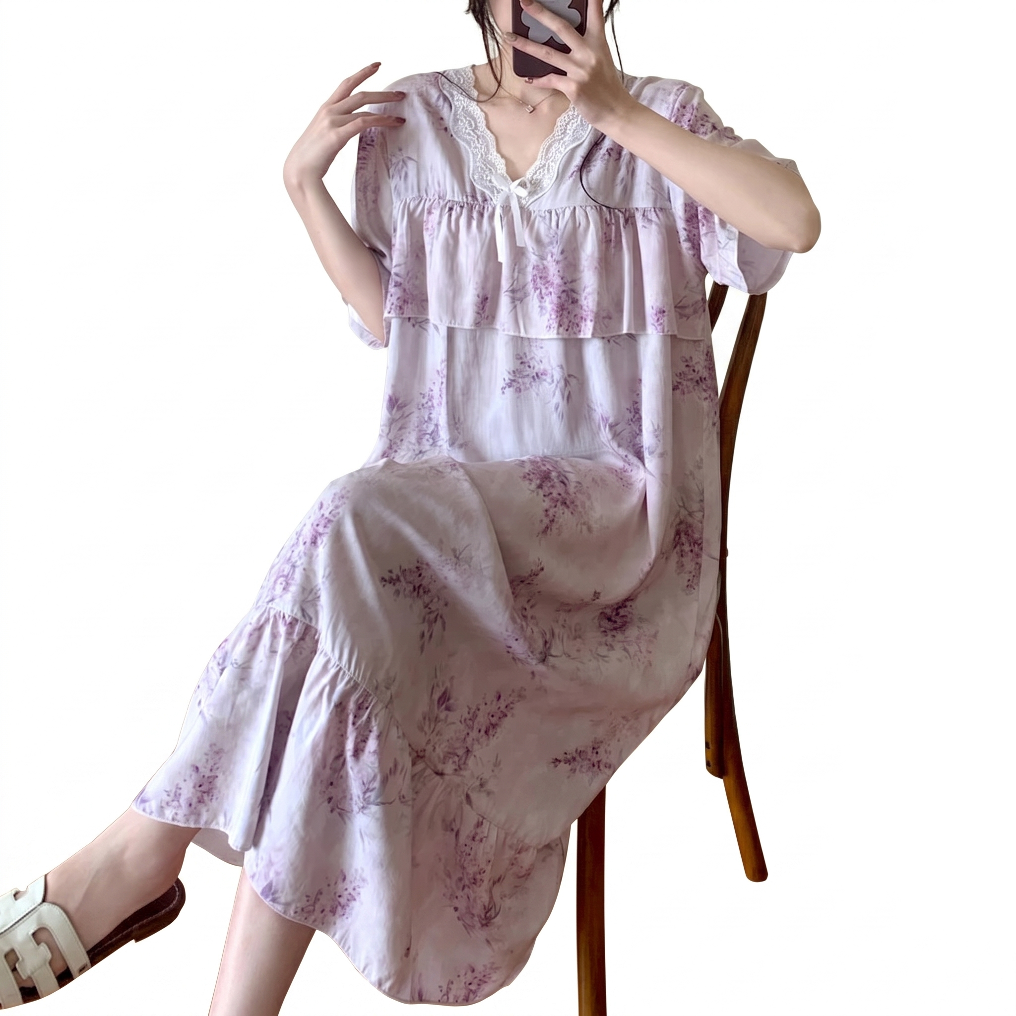 Cotton Silk Anti-Bump V-Neck Princess Long Dress (Premium Edition) Spring–Autumn &amp; Summer Wear | Elegant Flow | High-End Comfort | CLS260423A079