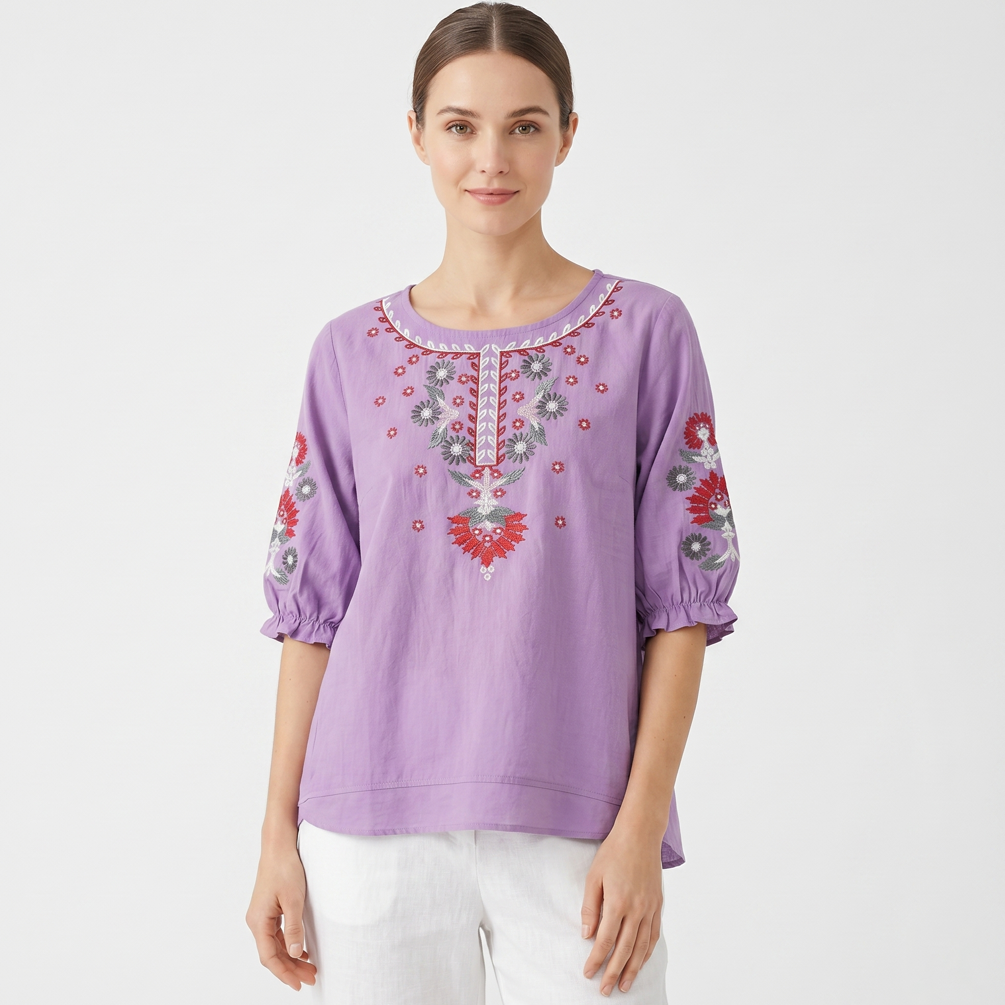 Artistic Embroidered Cotton Top (Vintage Edition) Half Sleeve | Large Size Loose Fit | Slim Look Summer Style | CDR260423A081