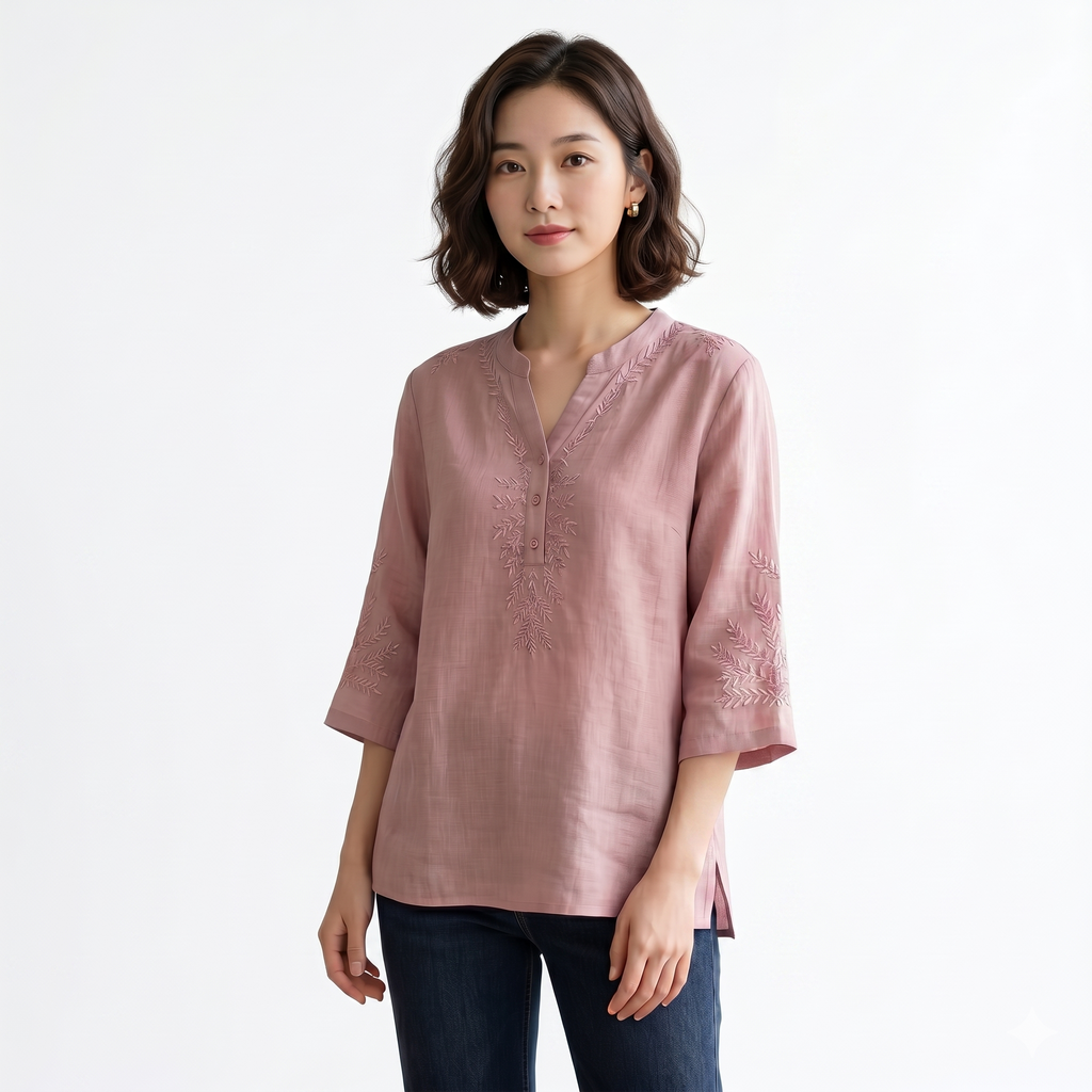Summer Cotton Embroidered V-Neck Top (Artistic Edition) Loose Pullover | Short Sleeve | Large Size Elegant Wear | CDR260501A099