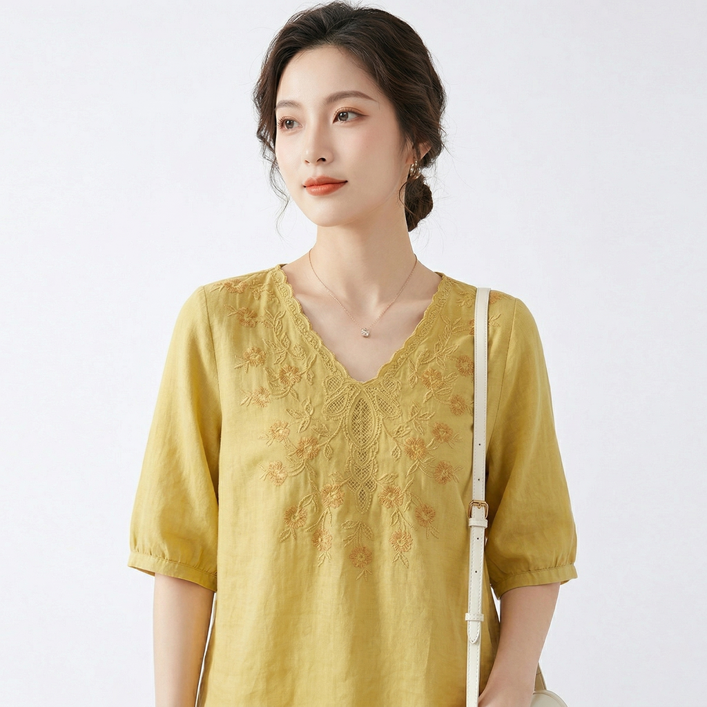 Heavy Embroidery V-Neck Slimming Top (Summer Edition) Short Sleeve | Loose Fit | Versatile Elegant Daily Wear | CDR260404A038