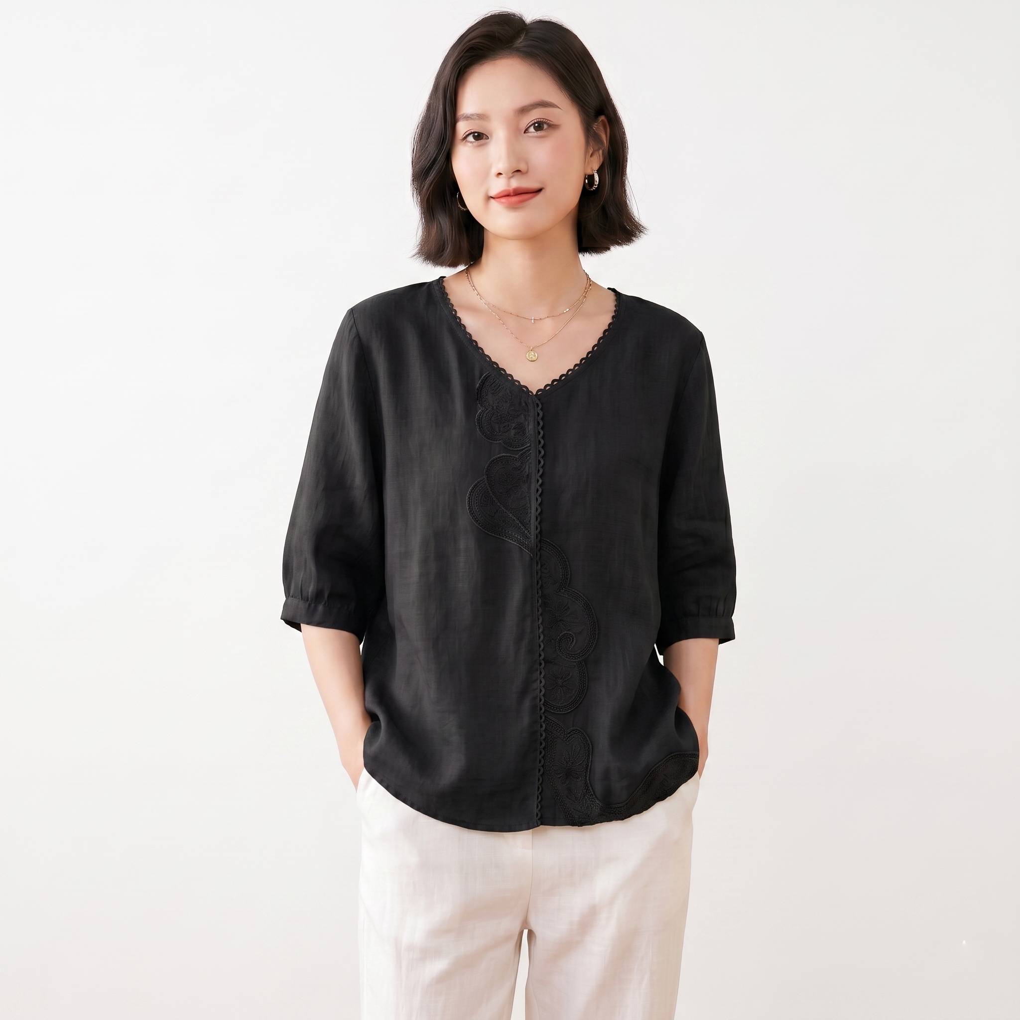Summer Vintage Embroidered Cotton Top (V-Neck Edition) Loose Fit | Short Sleeve | Artistic Everyday Comfort | CDR260522A136
