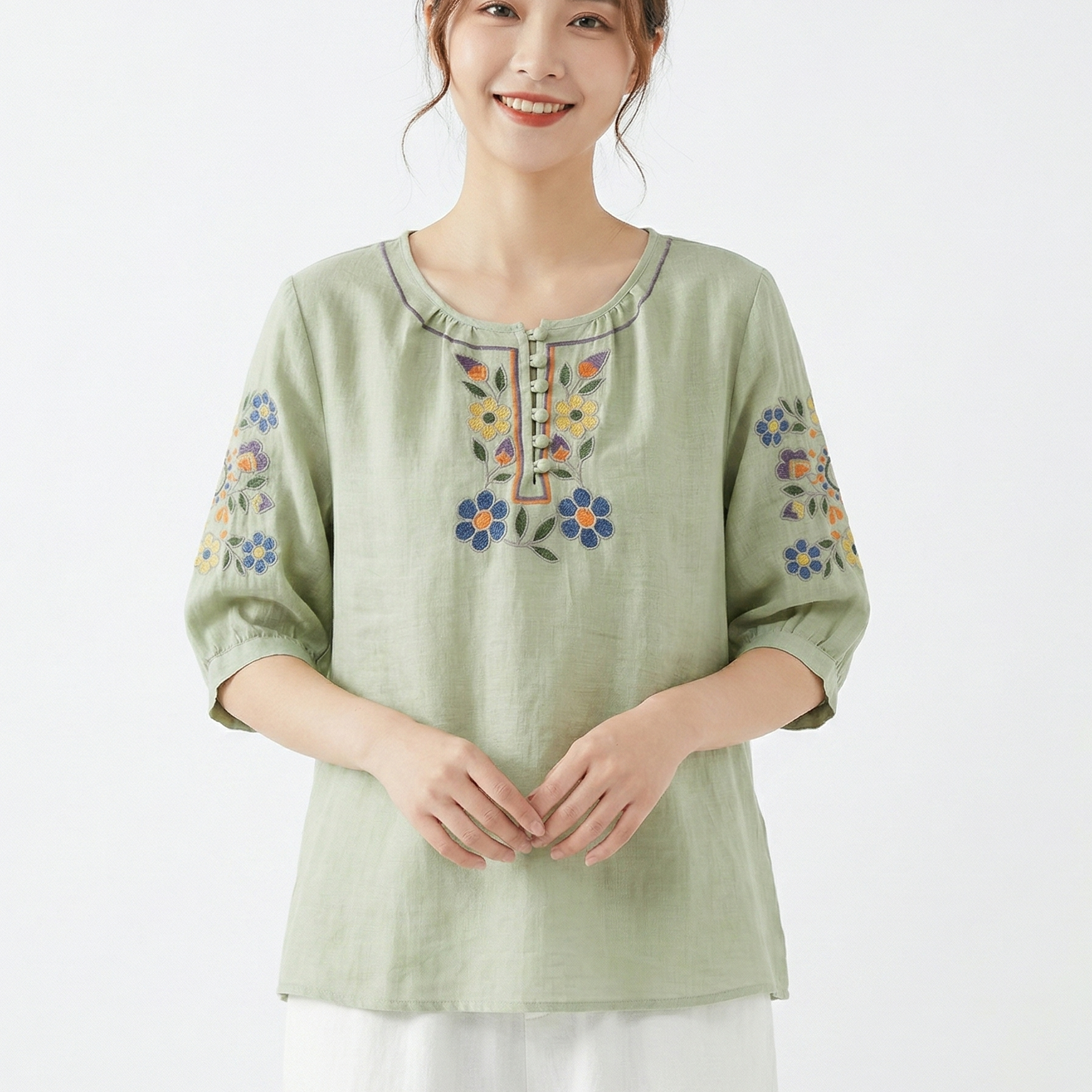 Embroidered Cotton Mid-Sleeve Button Top (Summer Edition) Loose Slim Fit | Round Neck | Versatile Elegant Daily Wear | CDR260412A059