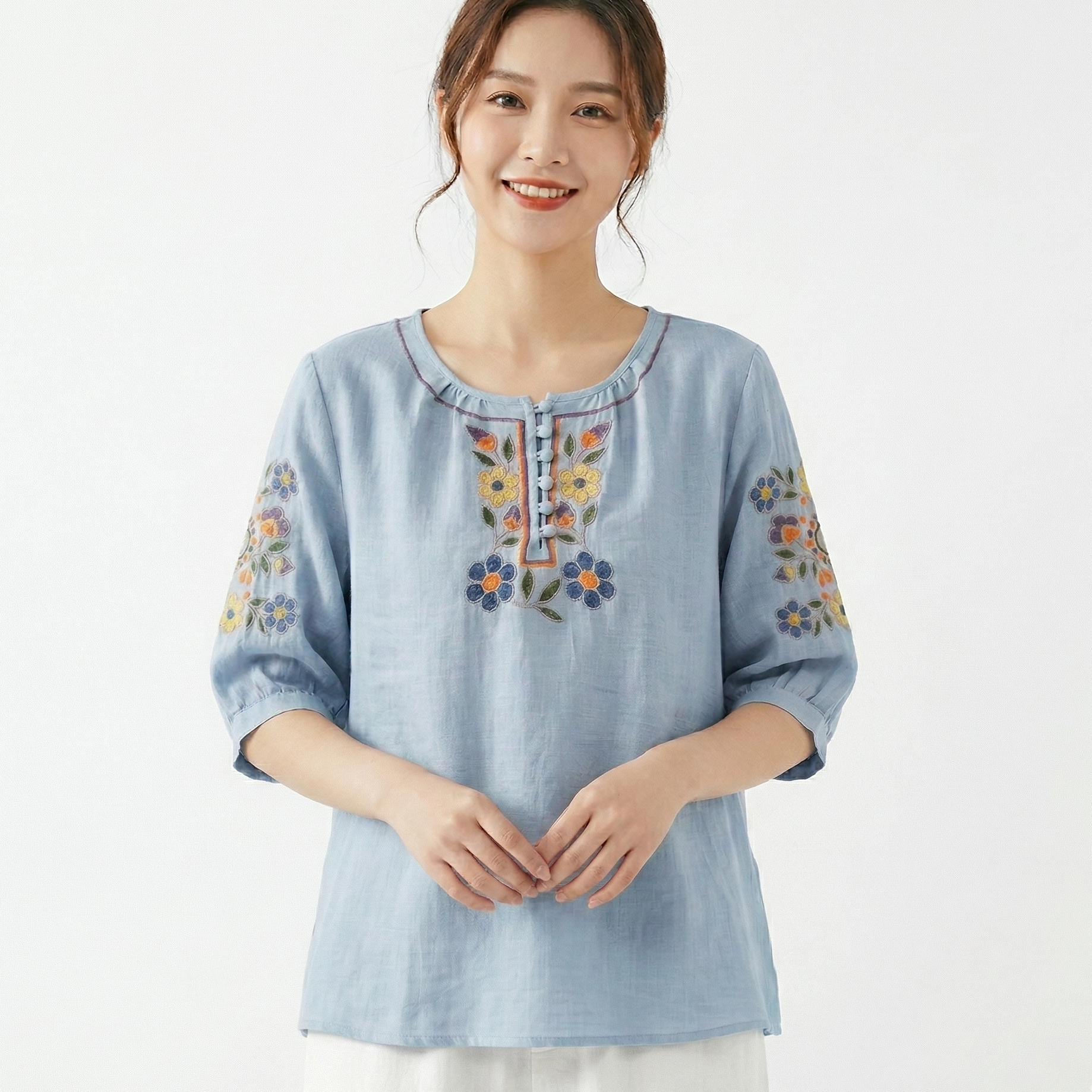 Embroidered Cotton Mid-Sleeve Button Top (Summer Edition) Loose Slim Fit | Round Neck | Versatile Elegant Daily Wear | CDR260412A059