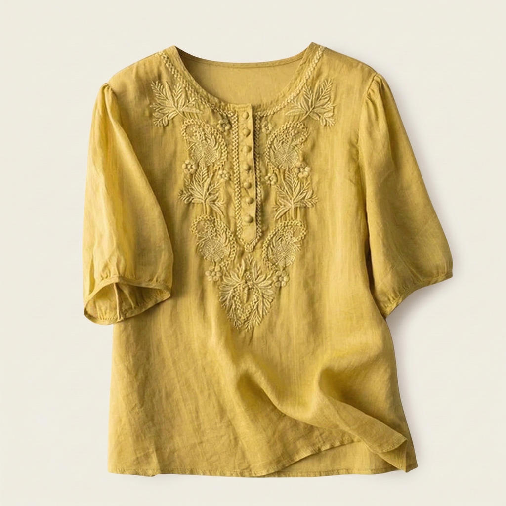 Literary Retro Embroidered Cotton Top (Summer Edition)Short Sleeve | Loose Fit | Round Neck Elegant Daily Wear | CDR2603101002