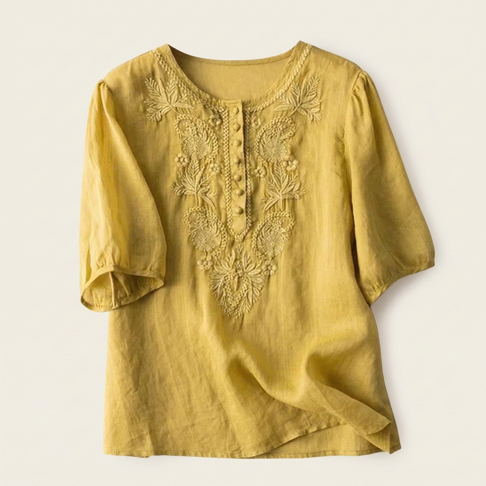 Literary Retro Embroidered Cotton Top (Summer Edition)Short Sleeve | Loose Fit | Round Neck Elegant Daily Wear | CDR2603101002