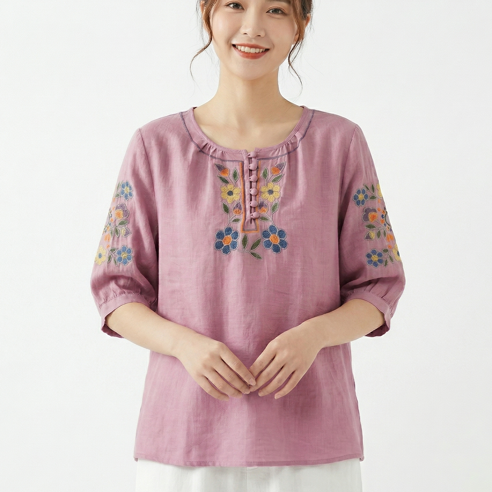 Embroidered Cotton Mid-Sleeve Button Top (Summer Edition) Loose Slim Fit | Round Neck | Versatile Elegant Daily Wear | CDR260412A059