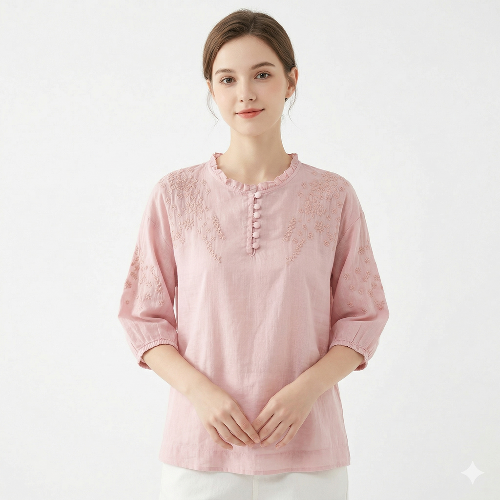 Ramie Cotton Embroidered Top (Summer Edition) Short Sleeve | Heavy Embroidery | Thin &amp; Elegant Daily Wear | CDR2603311025