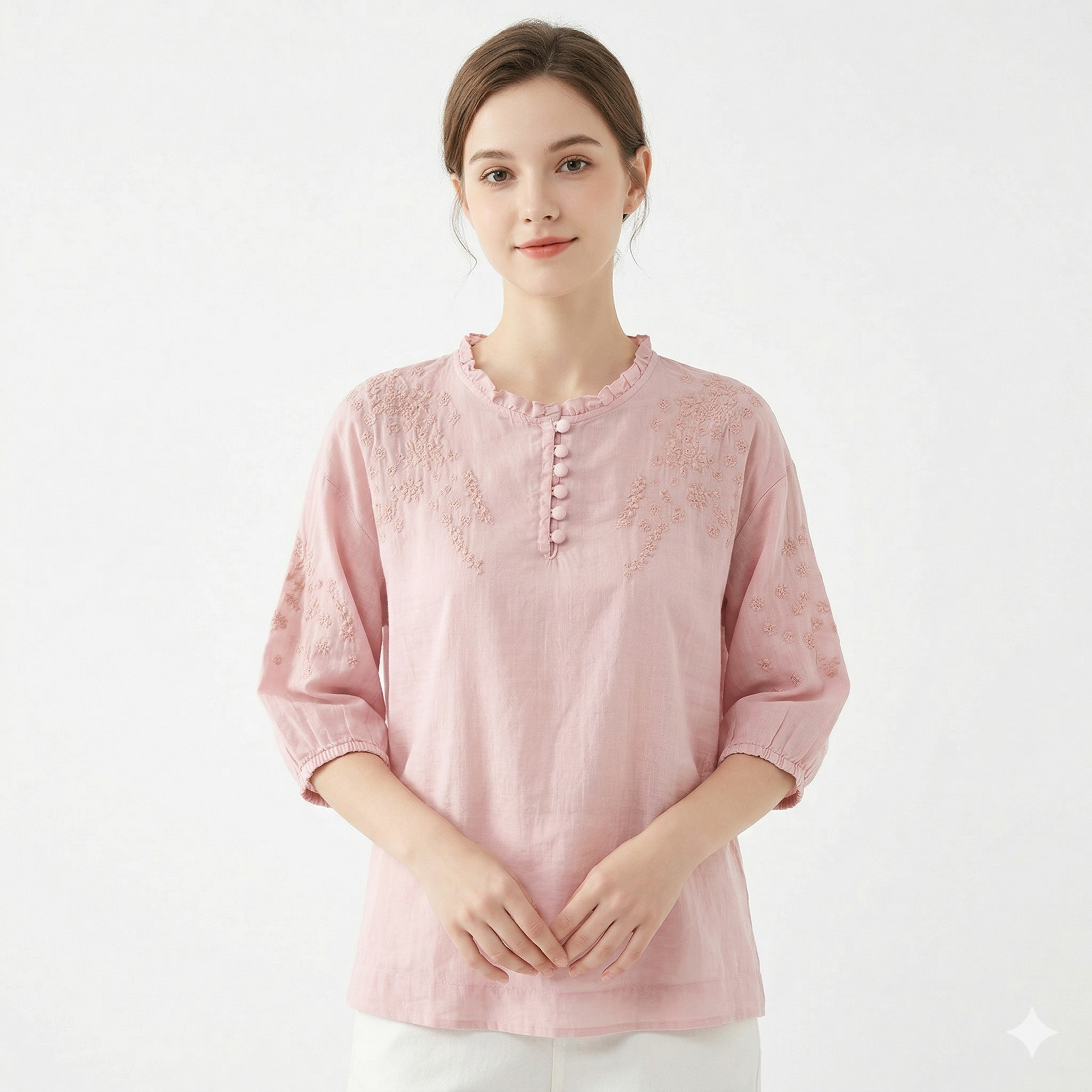 Ramie Cotton Embroidered Top (Summer Edition) Short Sleeve | Heavy Embroidery | Thin &amp; Elegant Daily Wear | CDR2603311025