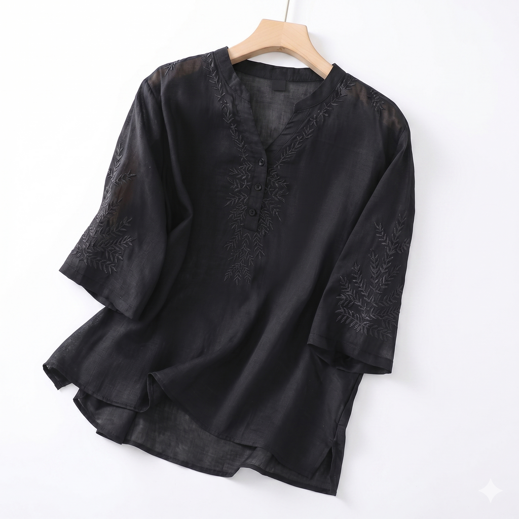Summer Cotton Embroidered V-Neck Top (Artistic Edition) Loose Pullover | Short Sleeve | Large Size Elegant Wear | CDR260501A099