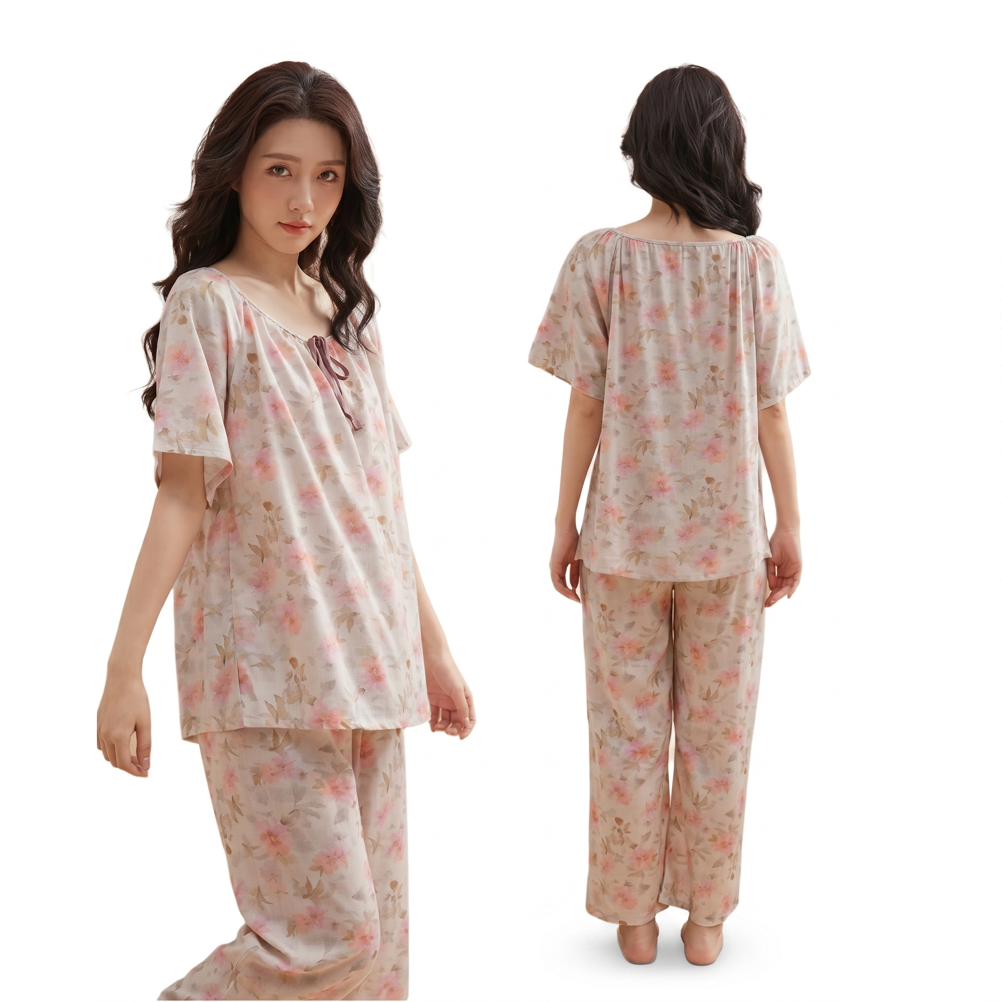 Comfortable Cotton Silk Pajama Set (Multi-Wear Edition) Loose Short Sleeve | Trouser Suit | Soft Daily Comfort | CLS260508A111