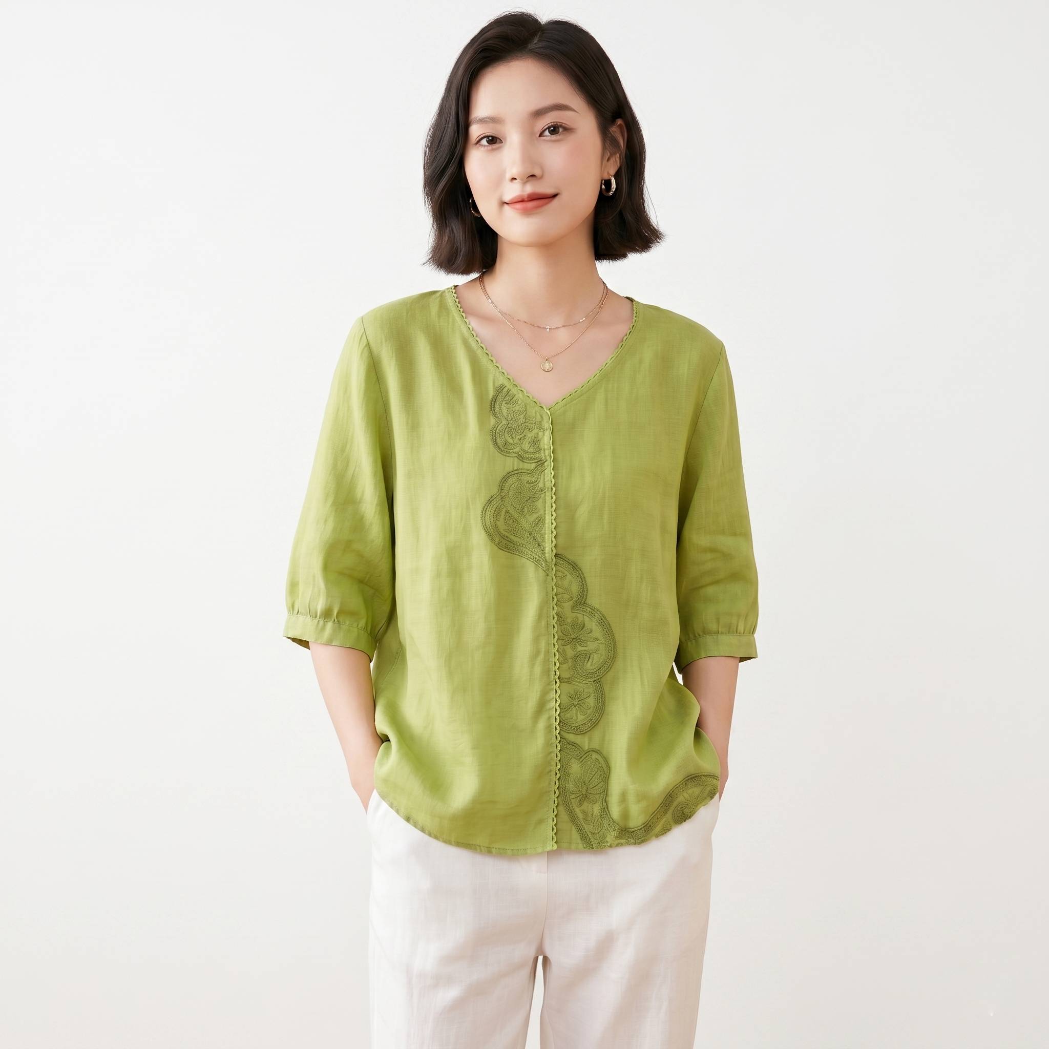 Summer Vintage Embroidered Cotton Top (V-Neck Edition) Loose Fit | Short Sleeve | Artistic Everyday Comfort | CDR260522A136
