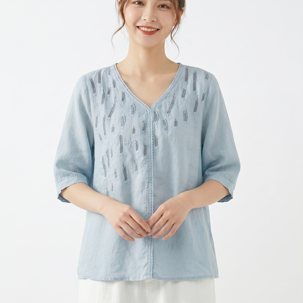 Artistic Cotton V-Neck Top (Loose Edition) Half Sleeve | Pullover Style | Lightweight Daily Comfort | CDR260508A110