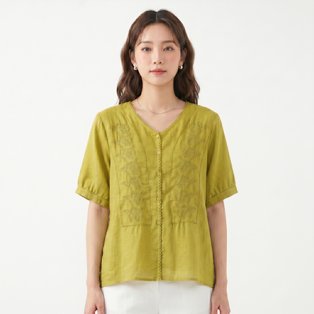 Literary Embroidered V-Neck Top (Summer Edition) Loose Fit | Short Sleeve | Elegant Artistic Daily Wear | CDR260511A119