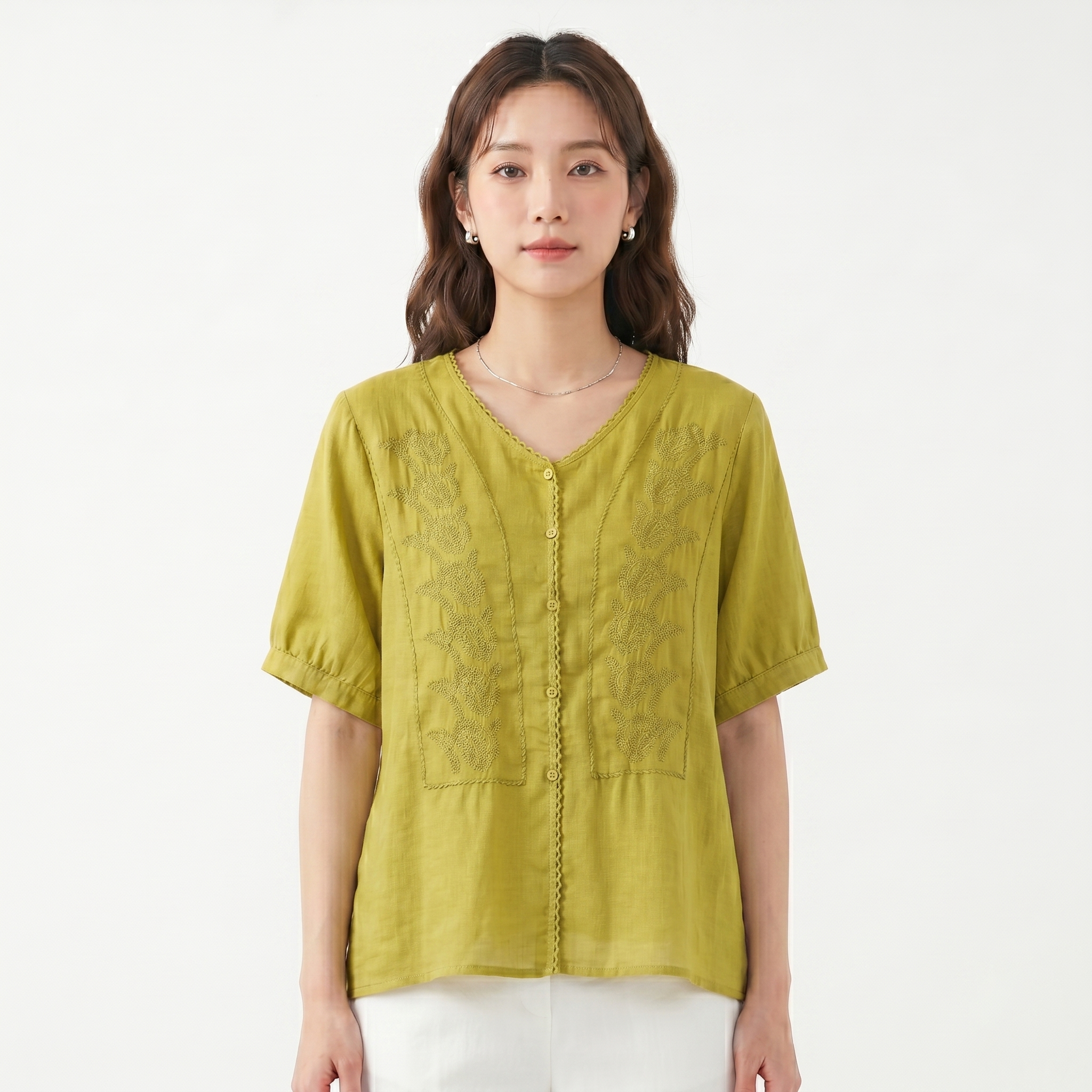 Literary Embroidered V-Neck Top (Summer Edition) Loose Fit | Short Sleeve | Elegant Artistic Daily Wear | CDR260511A119