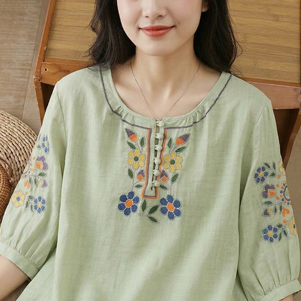 Embroidered Cotton Mid-Sleeve Button Top (Summer Edition) Loose Slim Fit | Round Neck | Versatile Elegant Daily Wear | CDR260412A059
