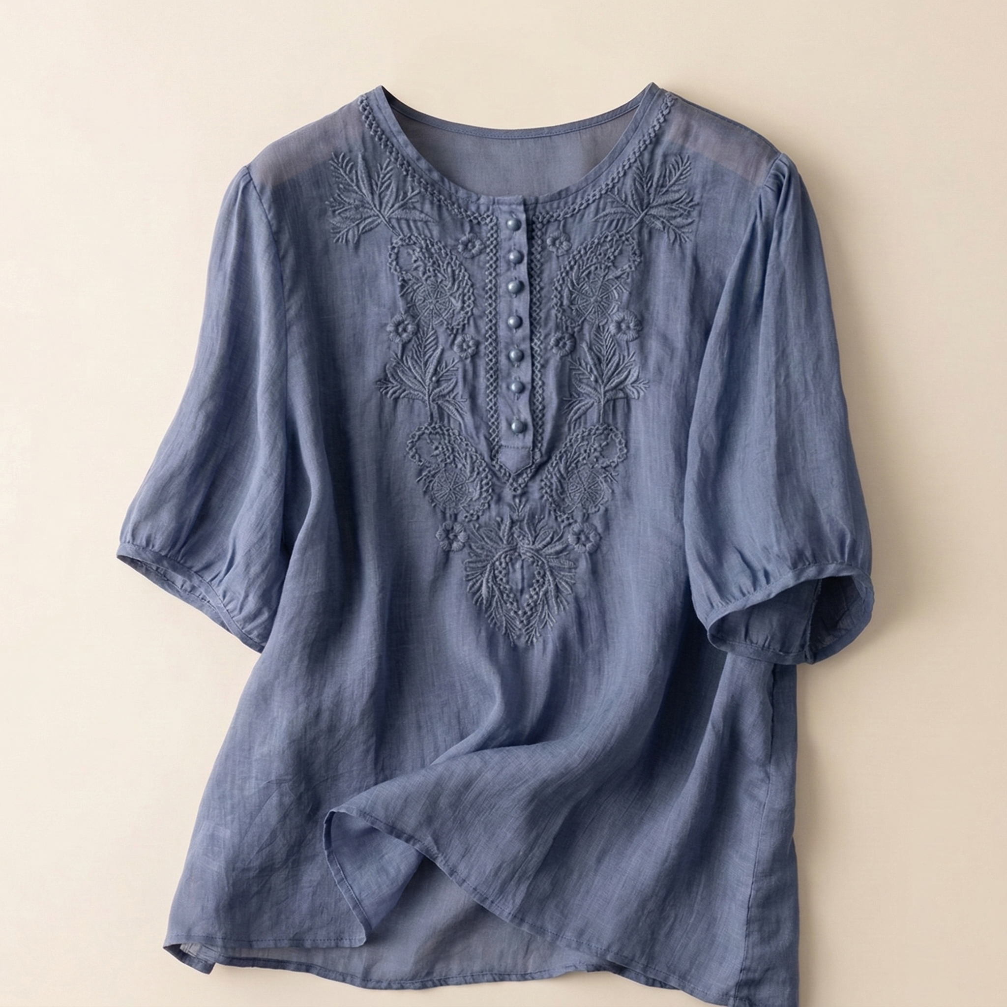Literary Retro Embroidered Cotton Top (Summer Edition)Short Sleeve | Loose Fit | Round Neck Elegant Daily Wear | CDR2603101002