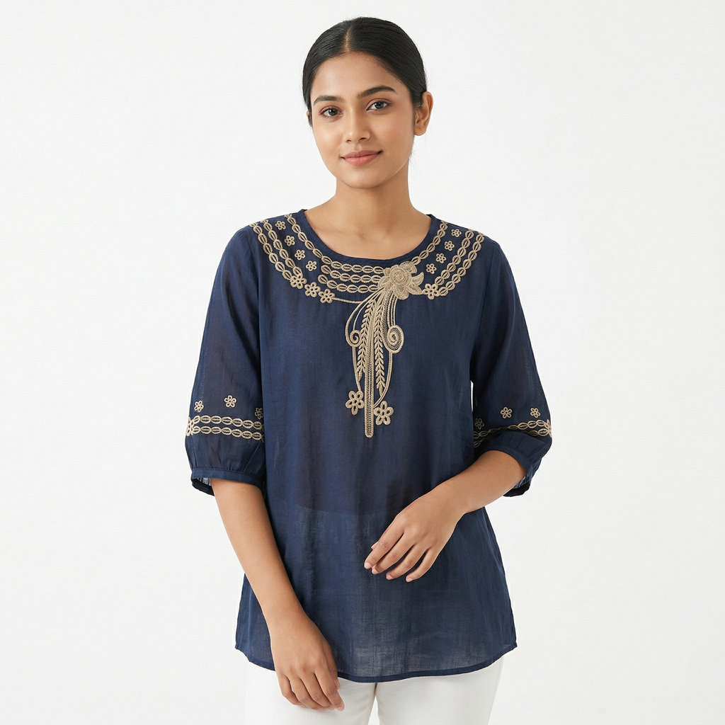 Literary Retro Cotton Embroidered Top (Chinese Style) Half Sleeve | Large Size Loose Fit | Elegant Spring &amp; Summer Wear | CDR260404A037