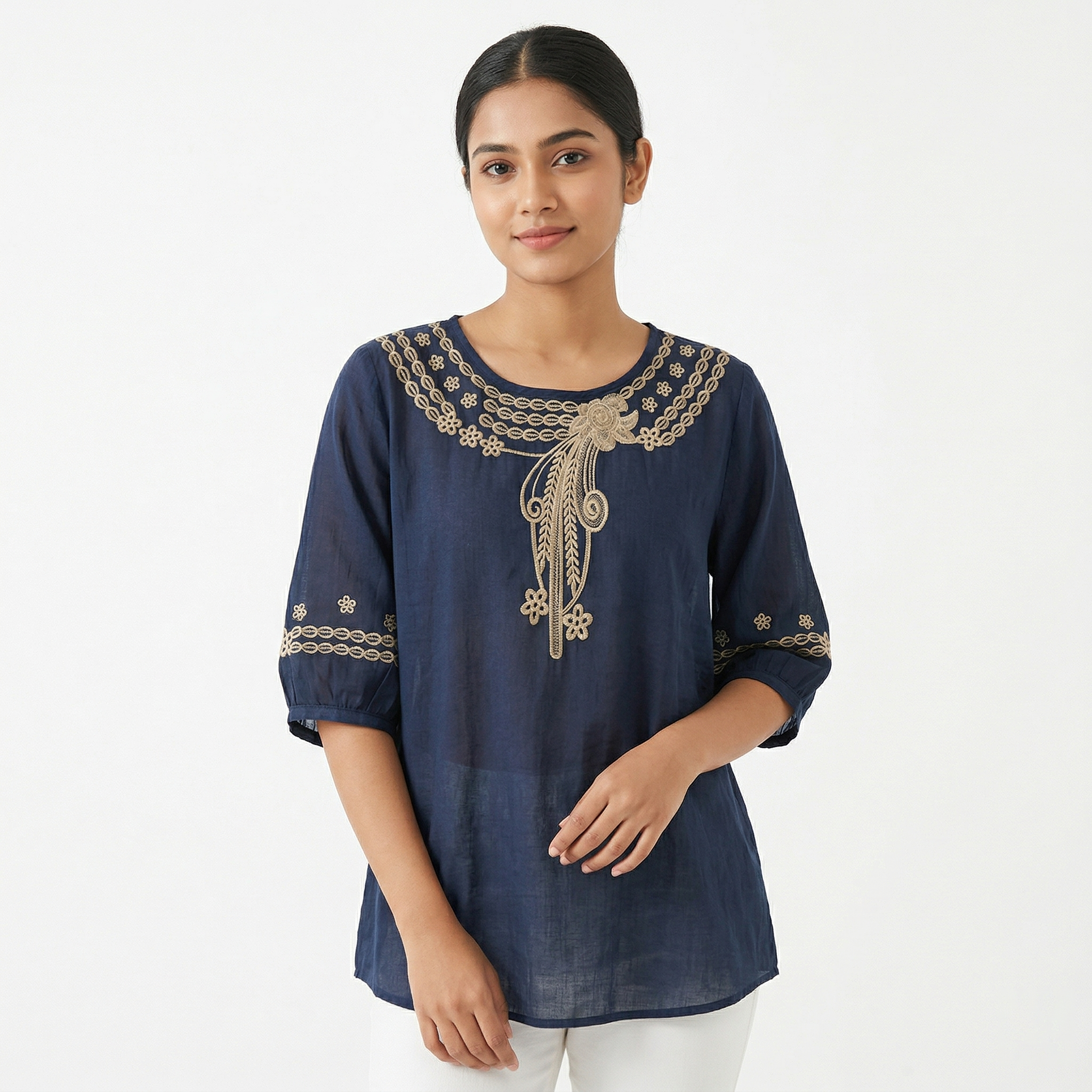 Literary Retro Cotton Embroidered Top (Chinese Style) Half Sleeve | Large Size Loose Fit | Elegant Spring &amp; Summer Wear | CDR260404A037
