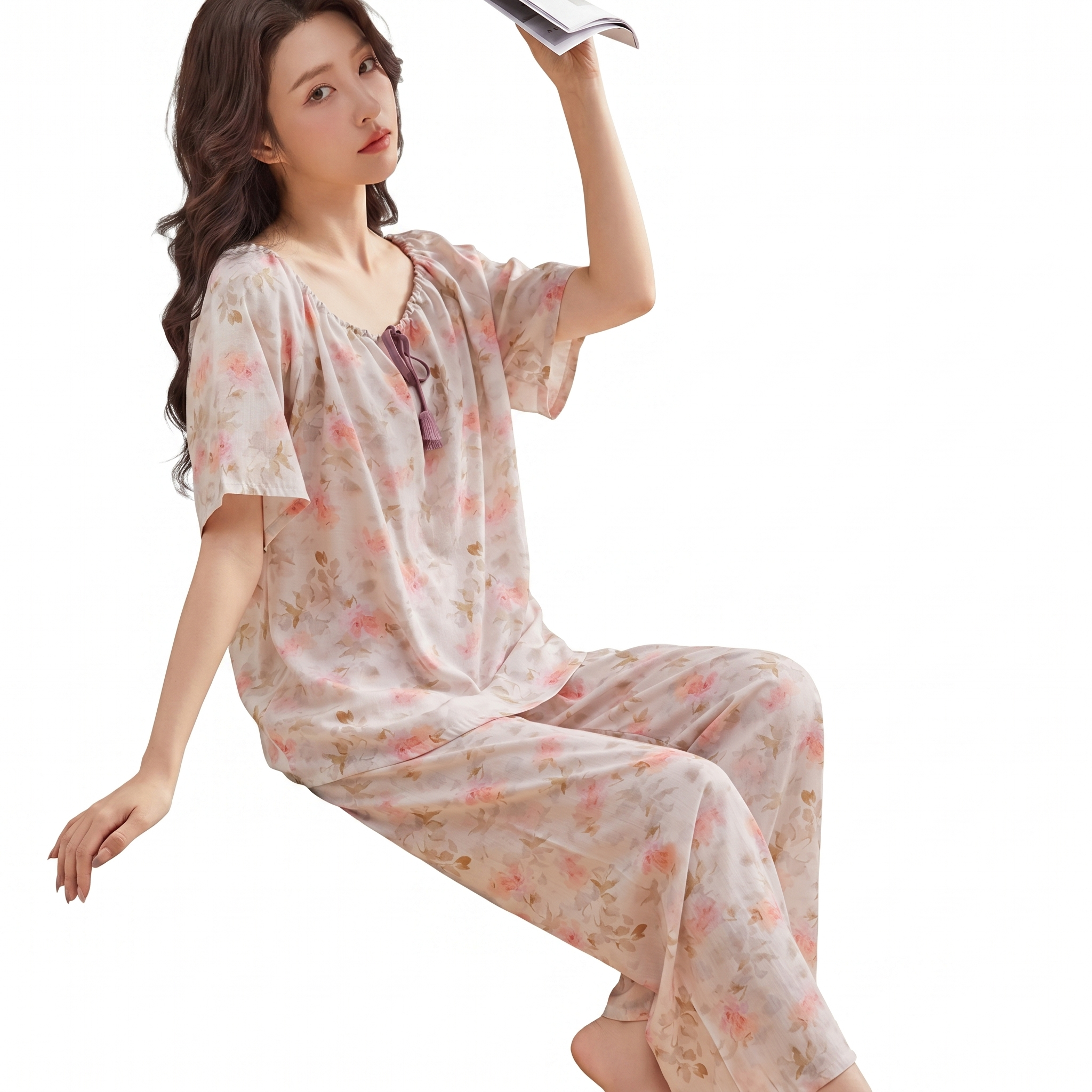 Comfortable Cotton Silk Pajama Set (Multi-Wear Edition) Loose Short Sleeve | Trouser Suit | Soft Daily Comfort | CLS260508A111