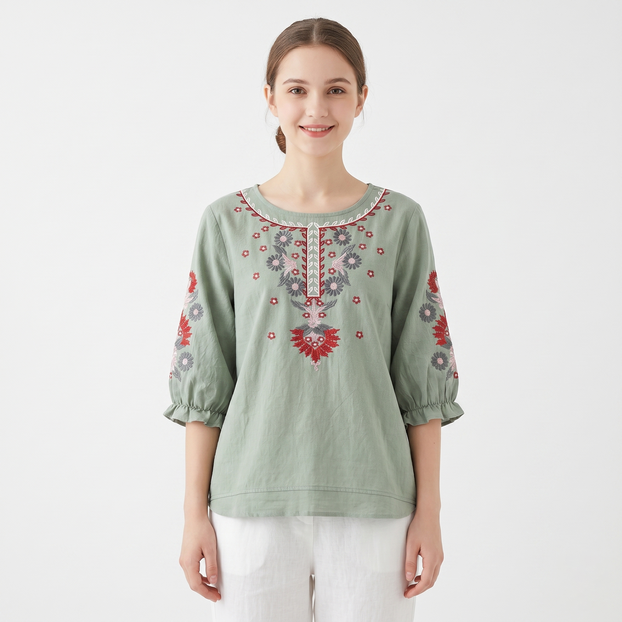Artistic Embroidered Cotton Top (Vintage Edition) Half Sleeve | Large Size Loose Fit | Slim Look Summer Style | CDR260423A081