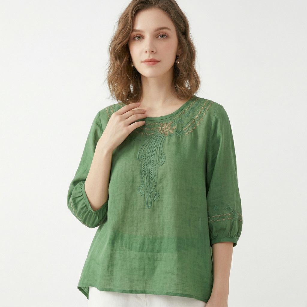 Literary Retro Cotton Embroidered Top (Chinese Style) Half Sleeve | Large Size Loose Fit | Elegant Spring &amp; Summer Wear | CDR260404A037