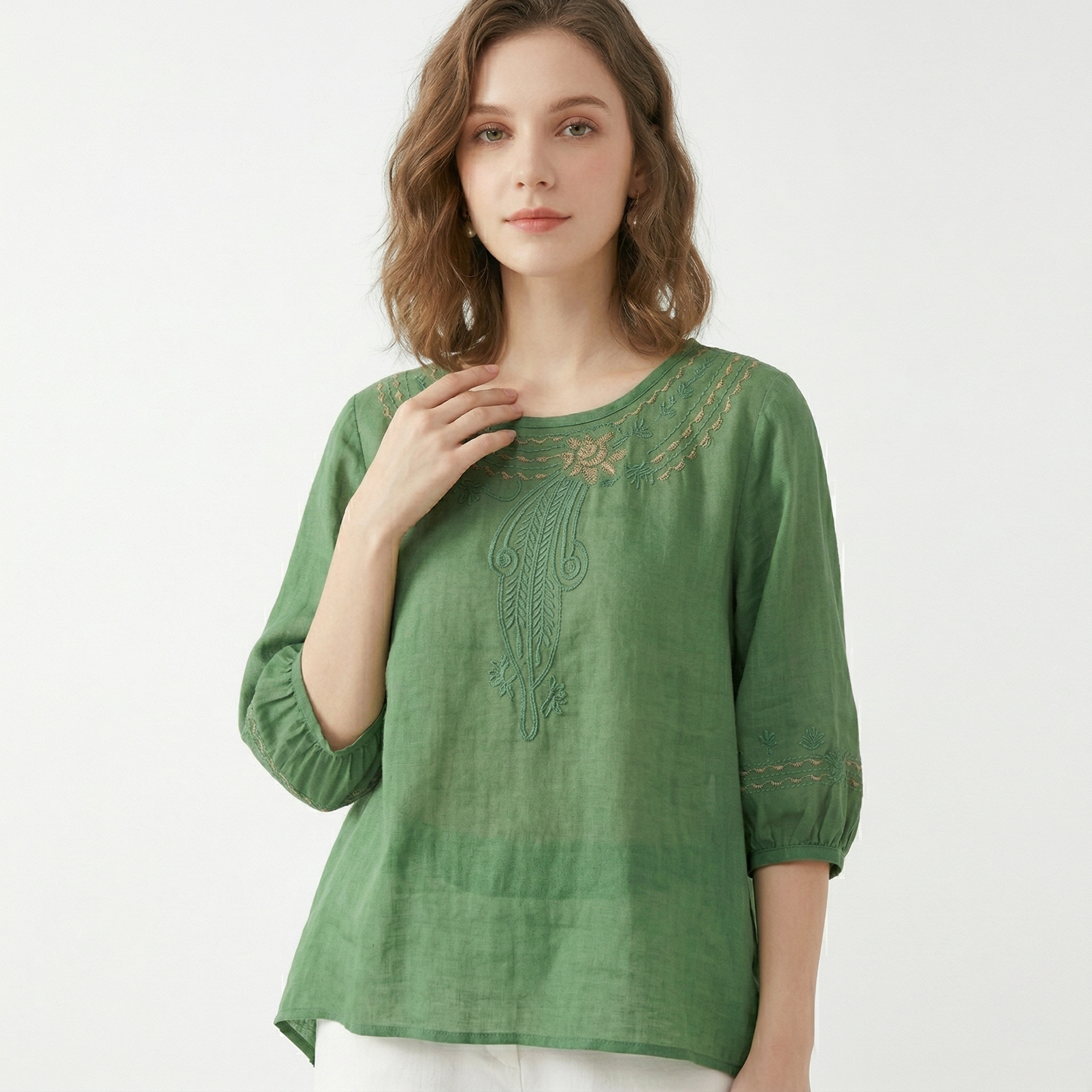 Literary Retro Cotton Embroidered Top (Chinese Style) Half Sleeve | Large Size Loose Fit | Elegant Spring &amp; Summer Wear | CDR260404A037