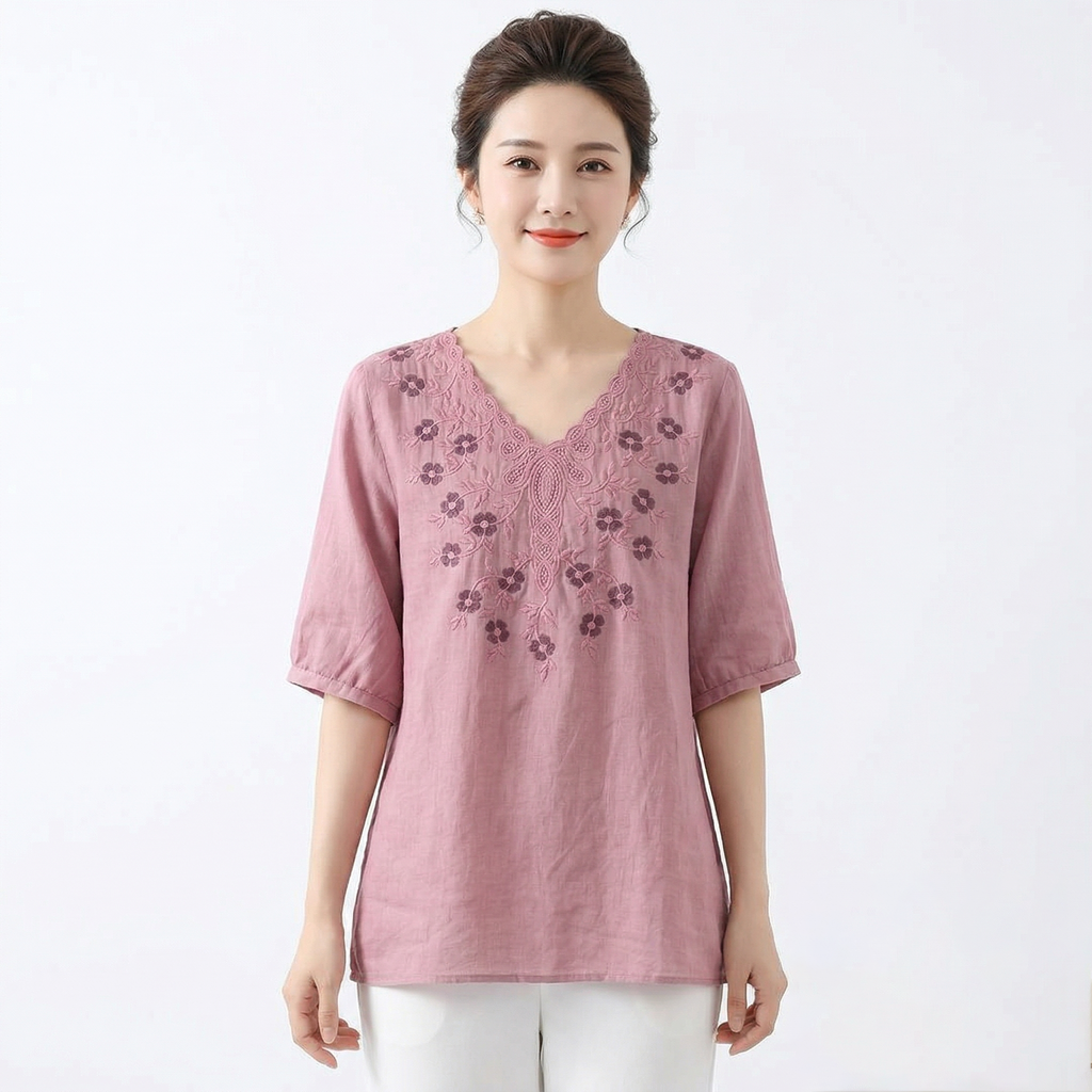 Heavy Embroidery V-Neck Slimming Top (Summer Edition) Short Sleeve | Loose Fit | Versatile Elegant Daily Wear | CDR260404A038