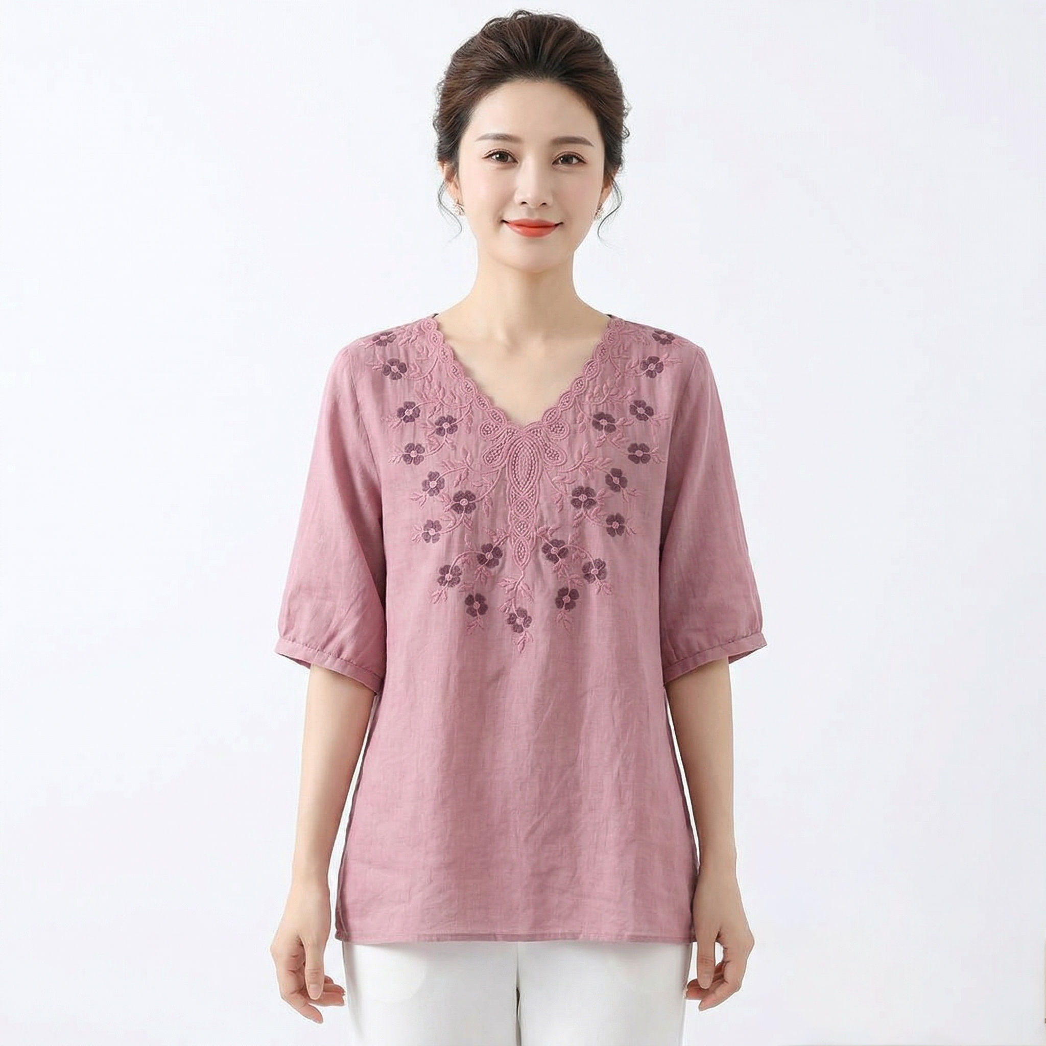 Heavy Embroidery V-Neck Slimming Top (Summer Edition) Short Sleeve | Loose Fit | Versatile Elegant Daily Wear | CDR260404A038