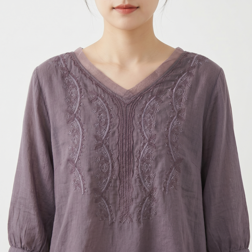 Cotton Embroidered Plus-Size Top (Belly-Cover Edition) Short Sleeve | Artistic Casual Style | Loose Comfortable Fit | CDR260506A106