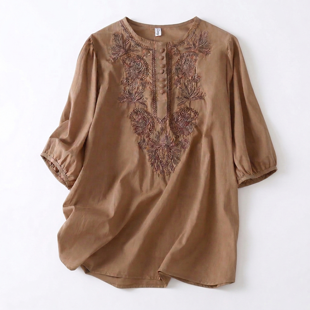 Literary Retro Embroidered Cotton Top (Summer Edition)Short Sleeve | Loose Fit | Round Neck Elegant Daily Wear | CDR2603101002