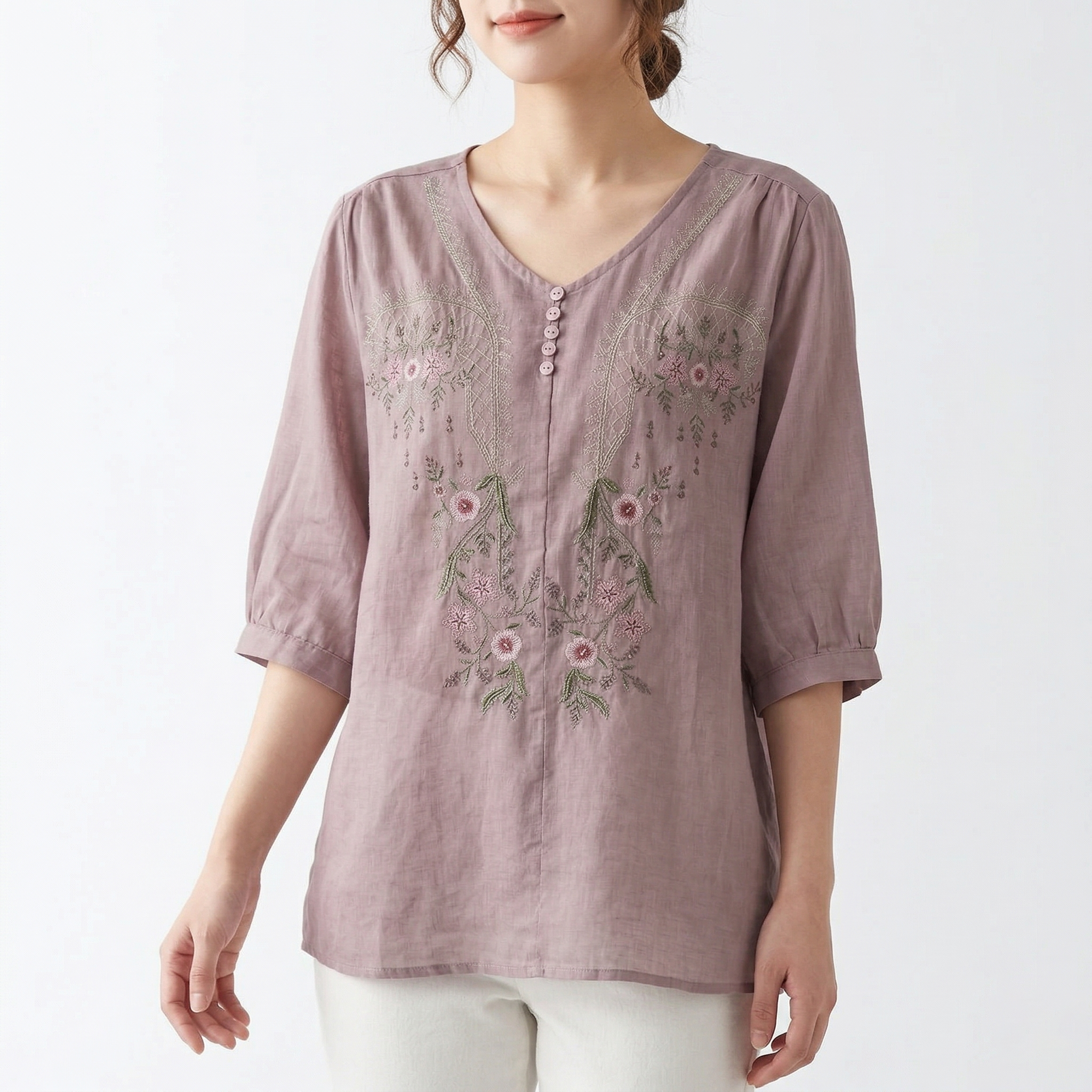 Summer Cotton Embroidered Pullover Top (Chinese Style) Short Sleeve | Loose Slimming Fit | Versatile Daily Wear | CDR260407A044