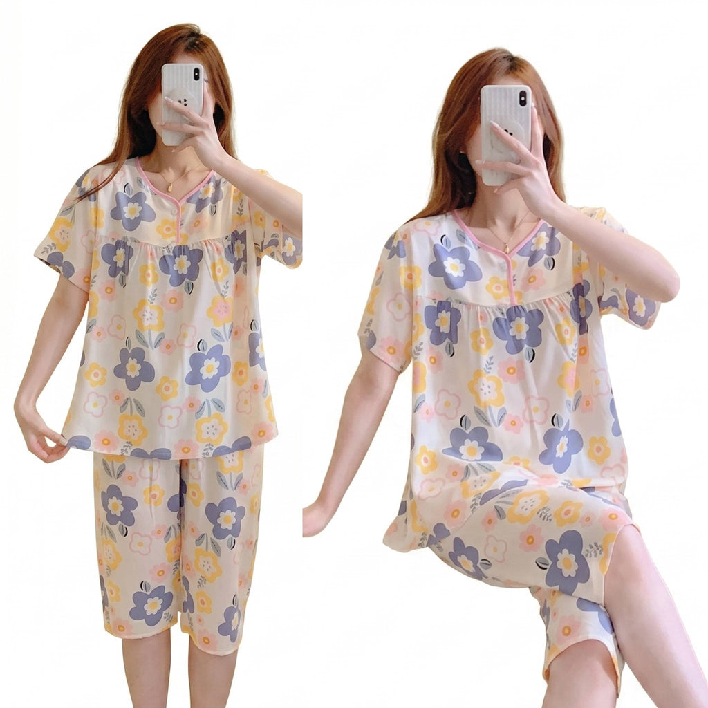 Cotton Silk Pajama Set (Summer Comfort) Short Sleeve | Sweet Elegant Style | Home + Outer Wear Comfort | CLS260518A126
