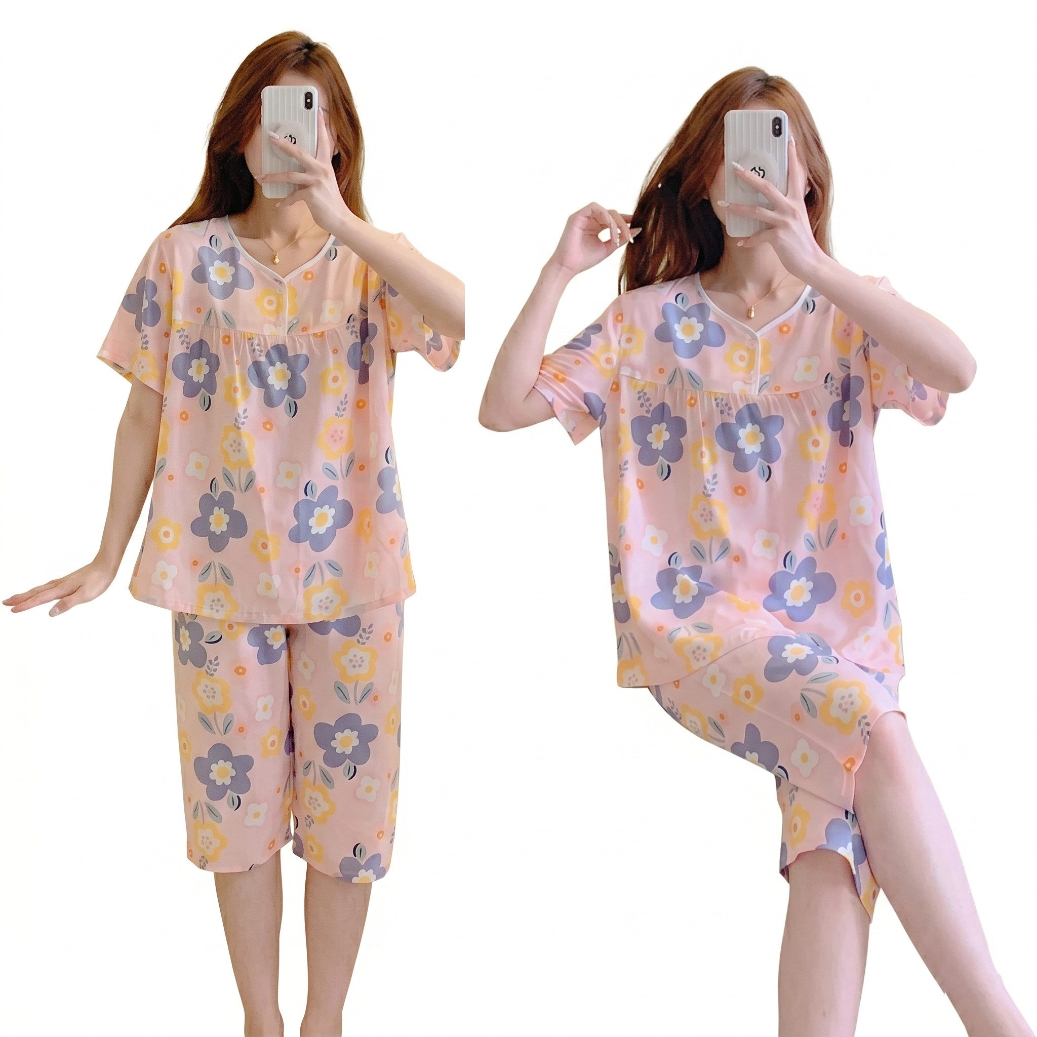 Cotton Silk Pajama Set (Summer Comfort) Short Sleeve | Sweet Elegant Style | Home + Outer Wear Comfort | CLS260518A126