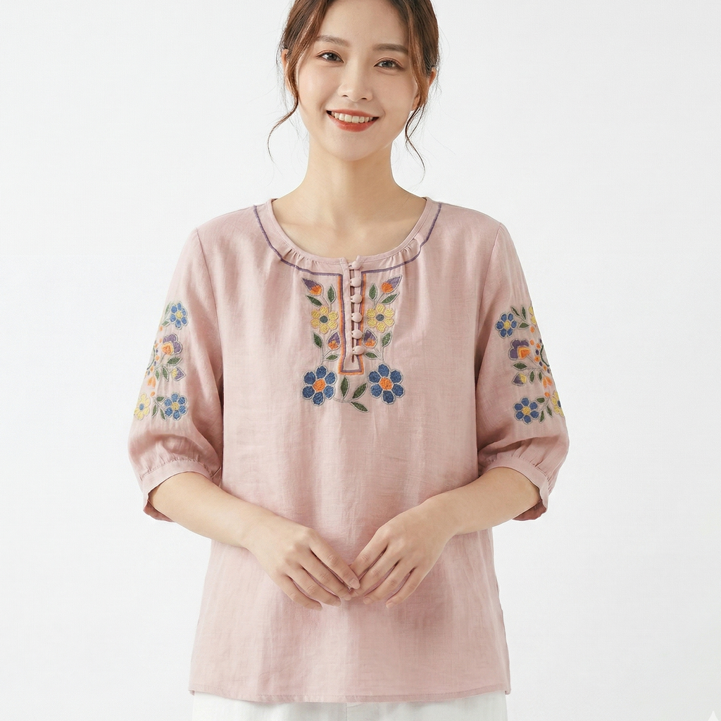 Embroidered Cotton Mid-Sleeve Button Top (Summer Edition) Loose Slim Fit | Round Neck | Versatile Elegant Daily Wear | CDR260412A059