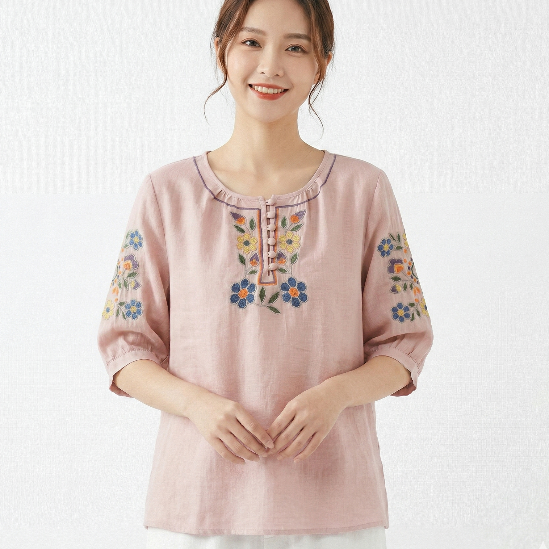 Embroidered Cotton Mid-Sleeve Button Top (Summer Edition) Loose Slim Fit | Round Neck | Versatile Elegant Daily Wear | CDR260412A059