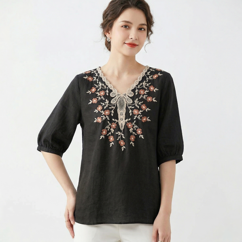 Heavy Embroidery V-Neck Slimming Top (Summer Edition) Short Sleeve | Loose Fit | Versatile Elegant Daily Wear | CDR260404A038