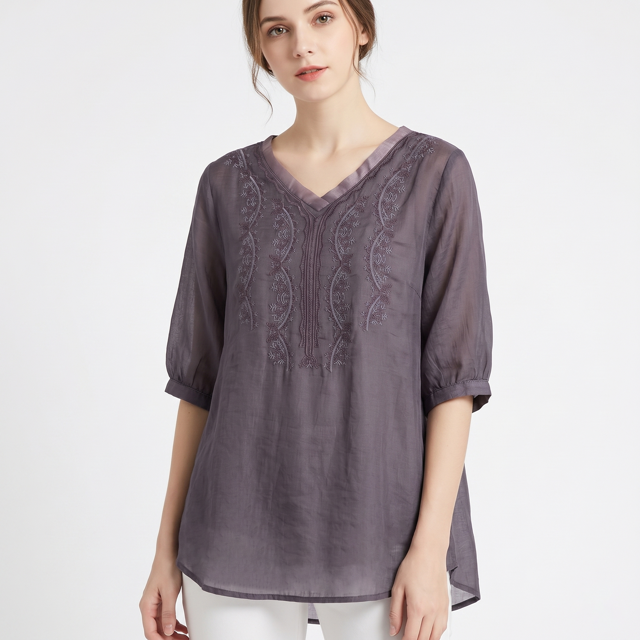 Cotton Embroidered Plus-Size Top (Belly-Cover Edition) Short Sleeve | Artistic Casual Style | Loose Comfortable Fit | CDR260506A106