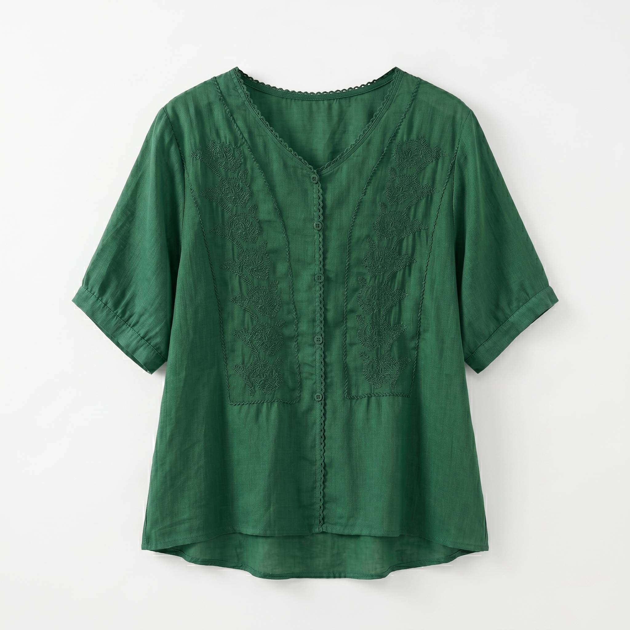 Literary Embroidered V-Neck Top (Summer Edition) Loose Fit | Short Sleeve | Elegant Artistic Daily Wear | CDR260511A119
