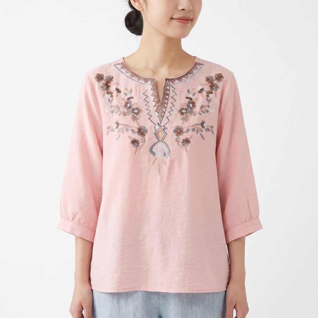 Summer Cotton Heavy Embroidery V-Neck Top (Slimming Look) Loose Mid Sleeve | Elegant Casual Style | Breathable Daily Comfort | CDR260414A062
